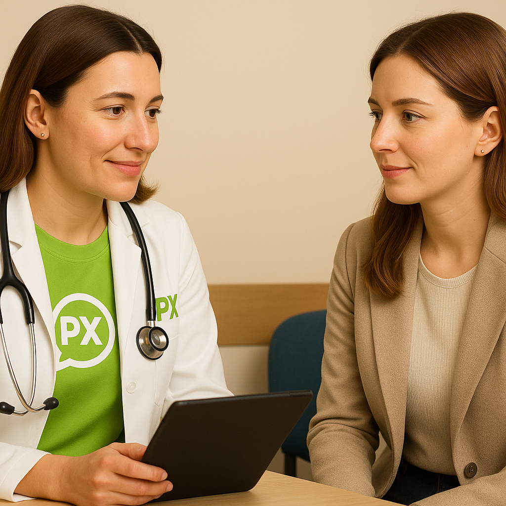 Doctora PX consultando con paciente